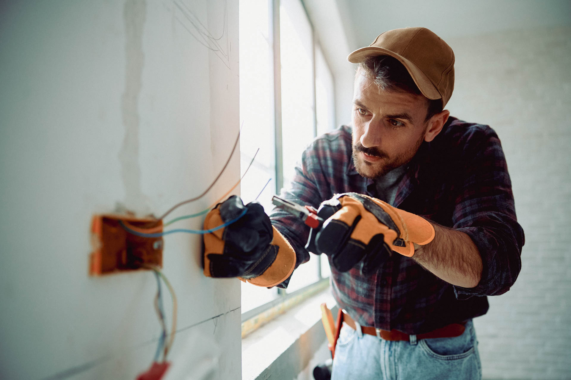 Professional Electrician Working At Renovating Home.